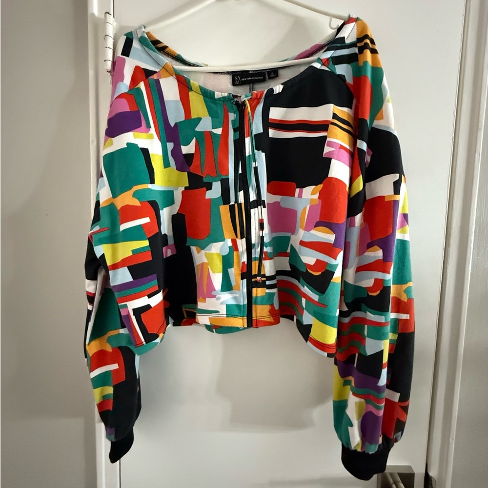NY & Company Colorful Y2K Geometric Zip Front Sweatshirt Jacket Sz XL